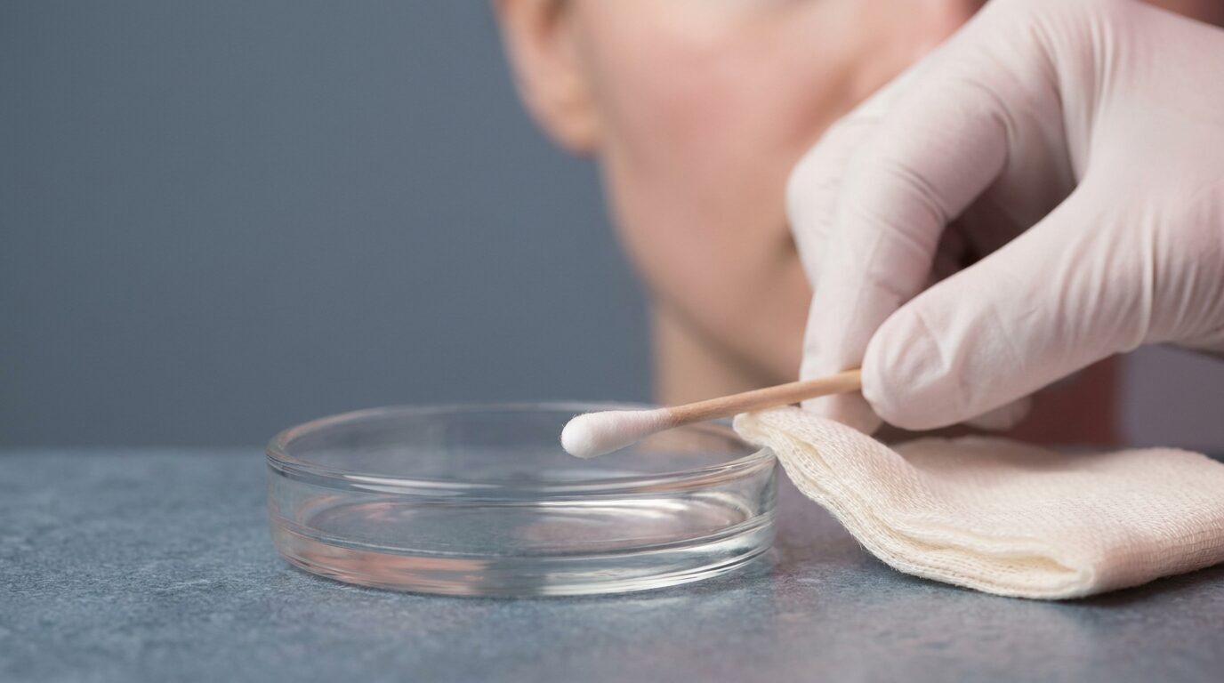 Behandlerin trägt mit einem Wattestäbchen eine Wirkstofflösung auf die Gesichtshaut auf