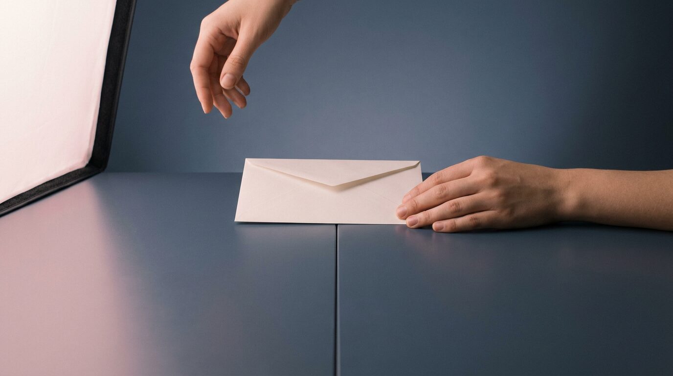 Zwei Hände legen einen cremefarbenen Briefumschlag auf eine Tischkante