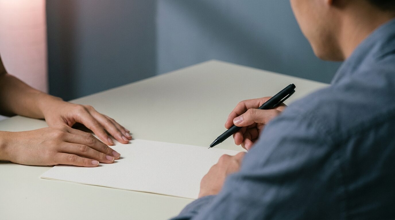 Person unterschreibt ein Dokument, gegenüber liegt eine zweite Hand auf dem Blatt