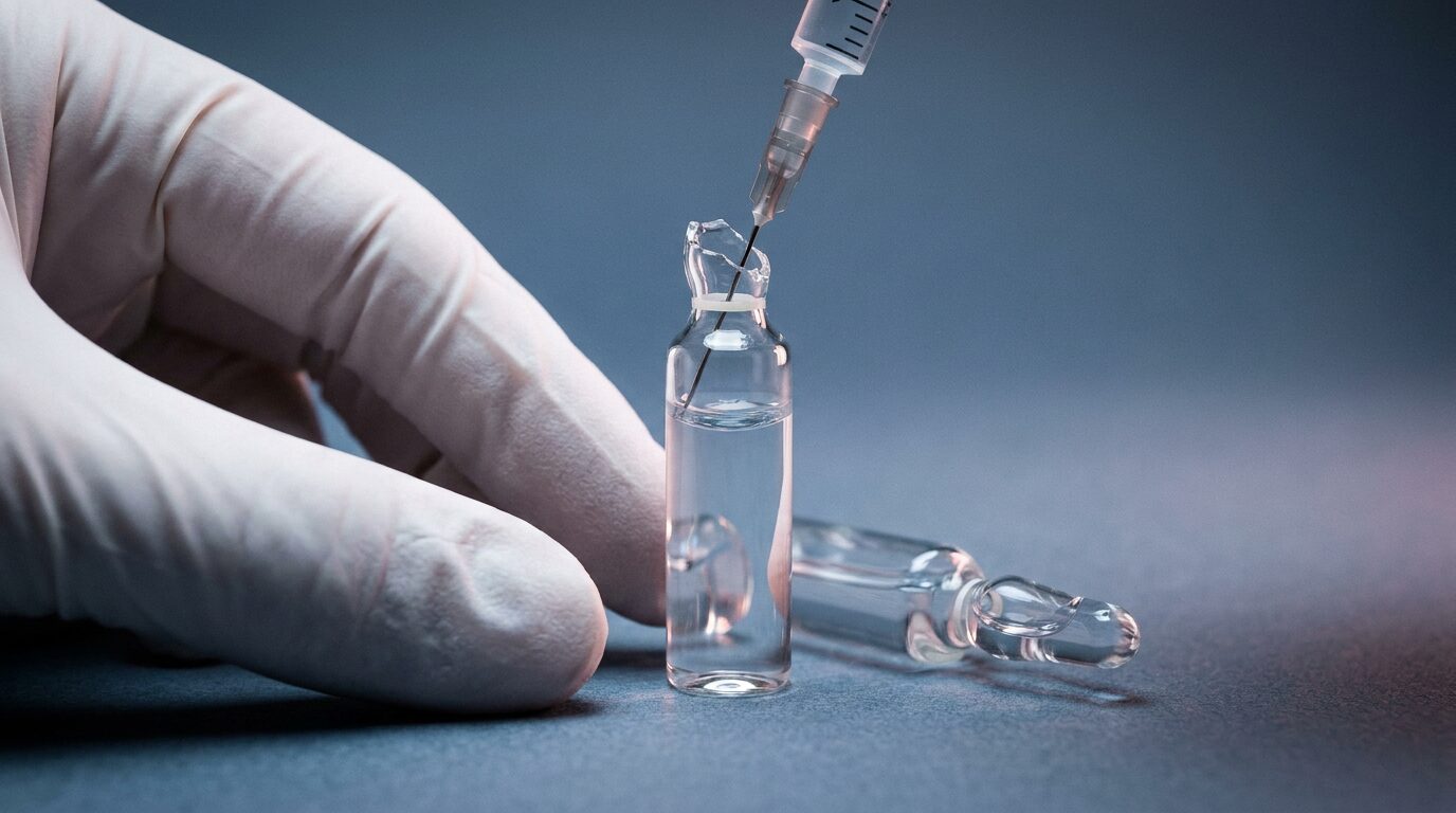 Spritze wird aus einer geöffneten Glasampulle aufgezogen