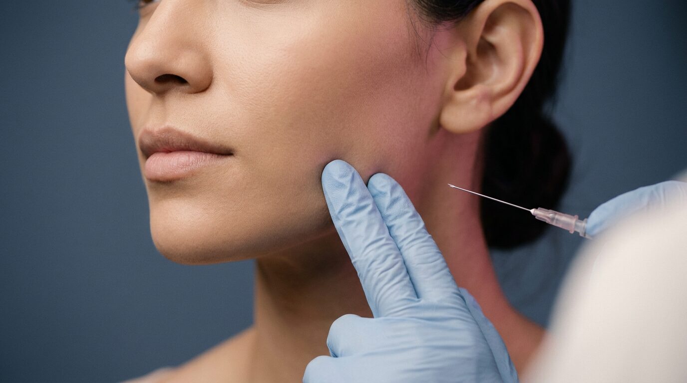 Injektion im Wangenbereich mit blauen Handschuhen, Nahaufnahme im Profil