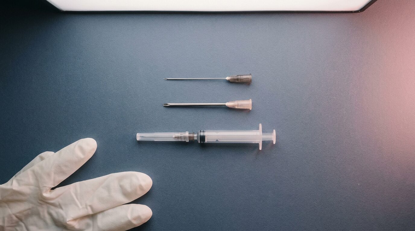 Kanüle und Spritze auf schiefergrauer Fläche, daneben eine behandschuhte Hand