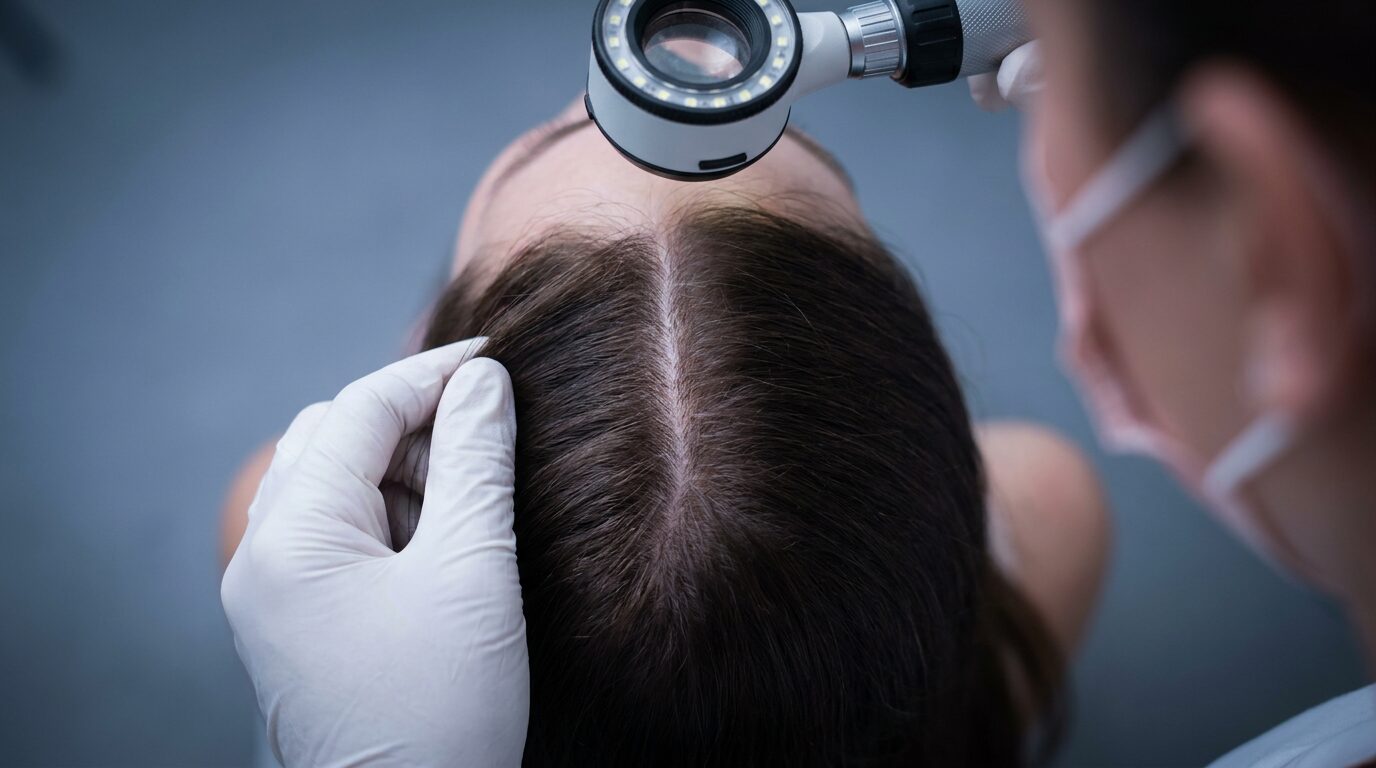 Nadel an der Wangenhaut, extreme Nahaufnahme mit sichtbarer Hautstruktur