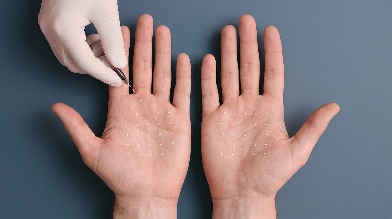 Geöffnete Handfläche mit feinem Punktraster, darüber eine ultrafeine Nadel