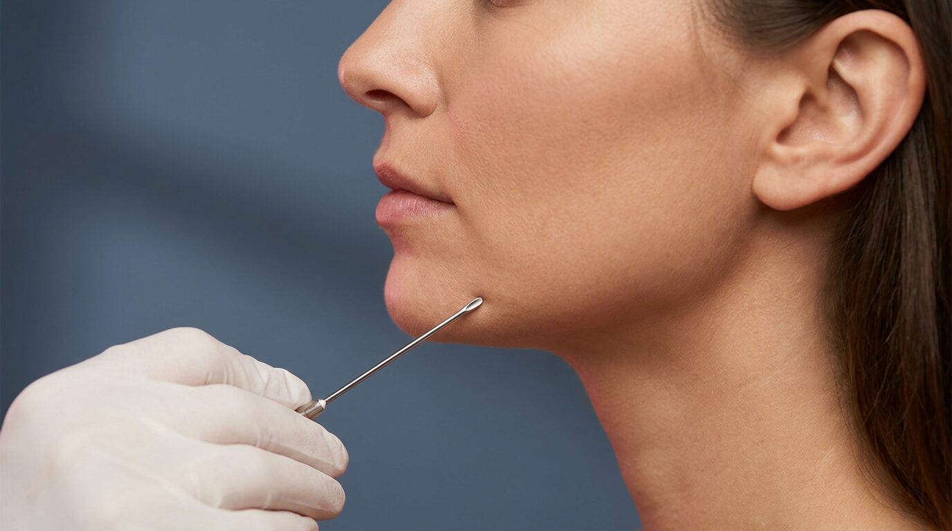 Behandlerin führt eine stumpfe Kanüle entlang der Kinnlinie einer Patientin