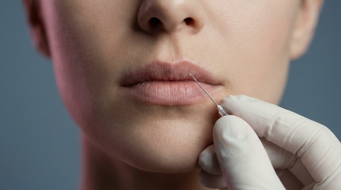 Nahaufnahme einer Lippenunterspritzung mit feiner Nadel
