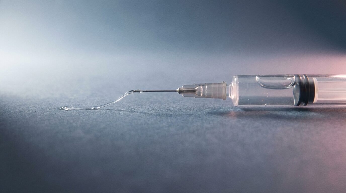 Feiner Gelfaden zieht sich von einer Kanüle auf eine schiefergraue Fläche