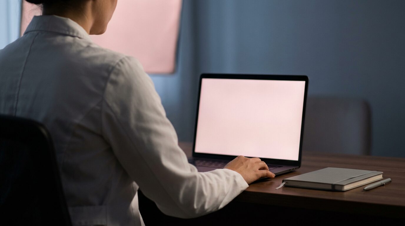 Ärztin im weißen Kittel arbeitet abends am Laptop an einer Online-Fortbildung