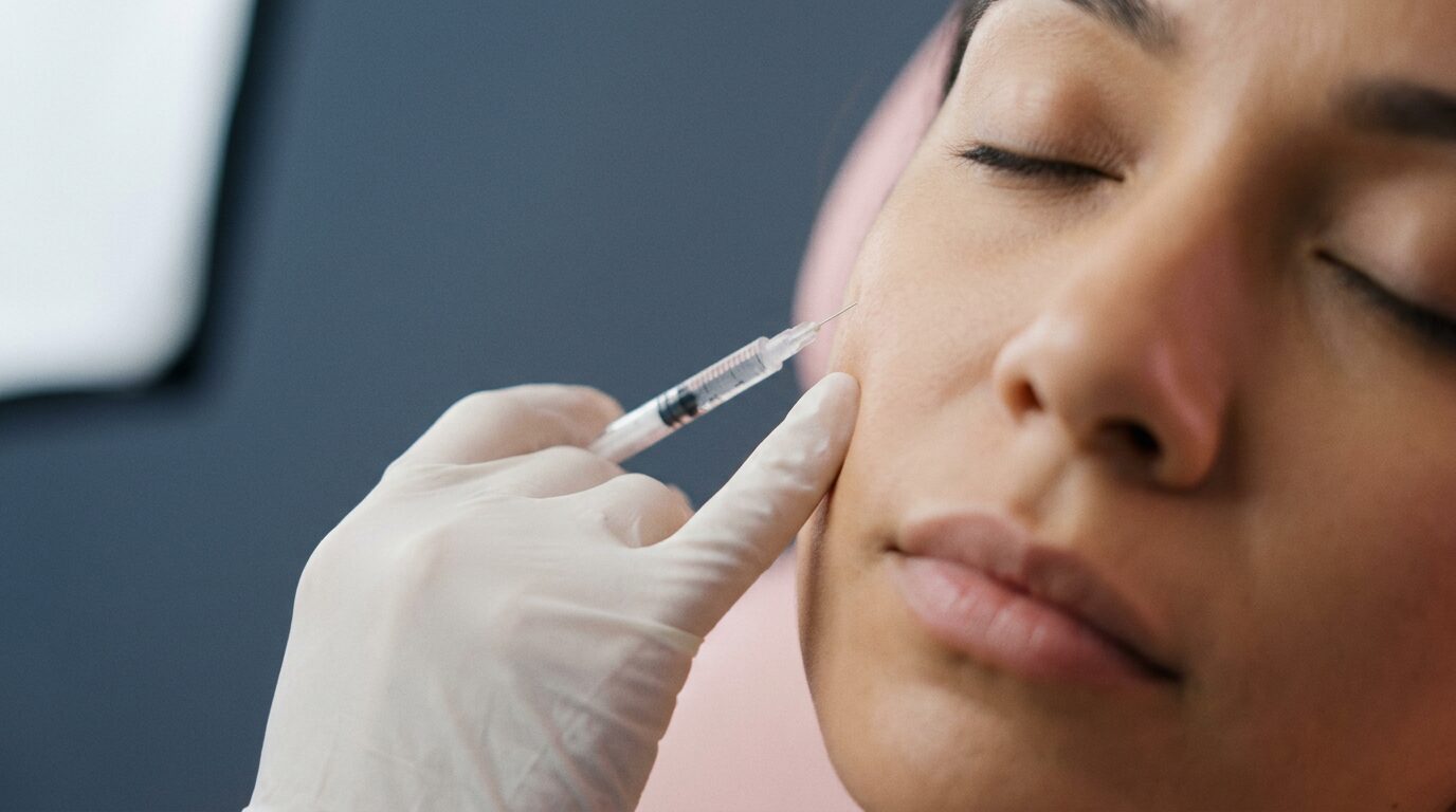 Injektion im Wangenbereich einer Patientin mit geschlossenen Augen