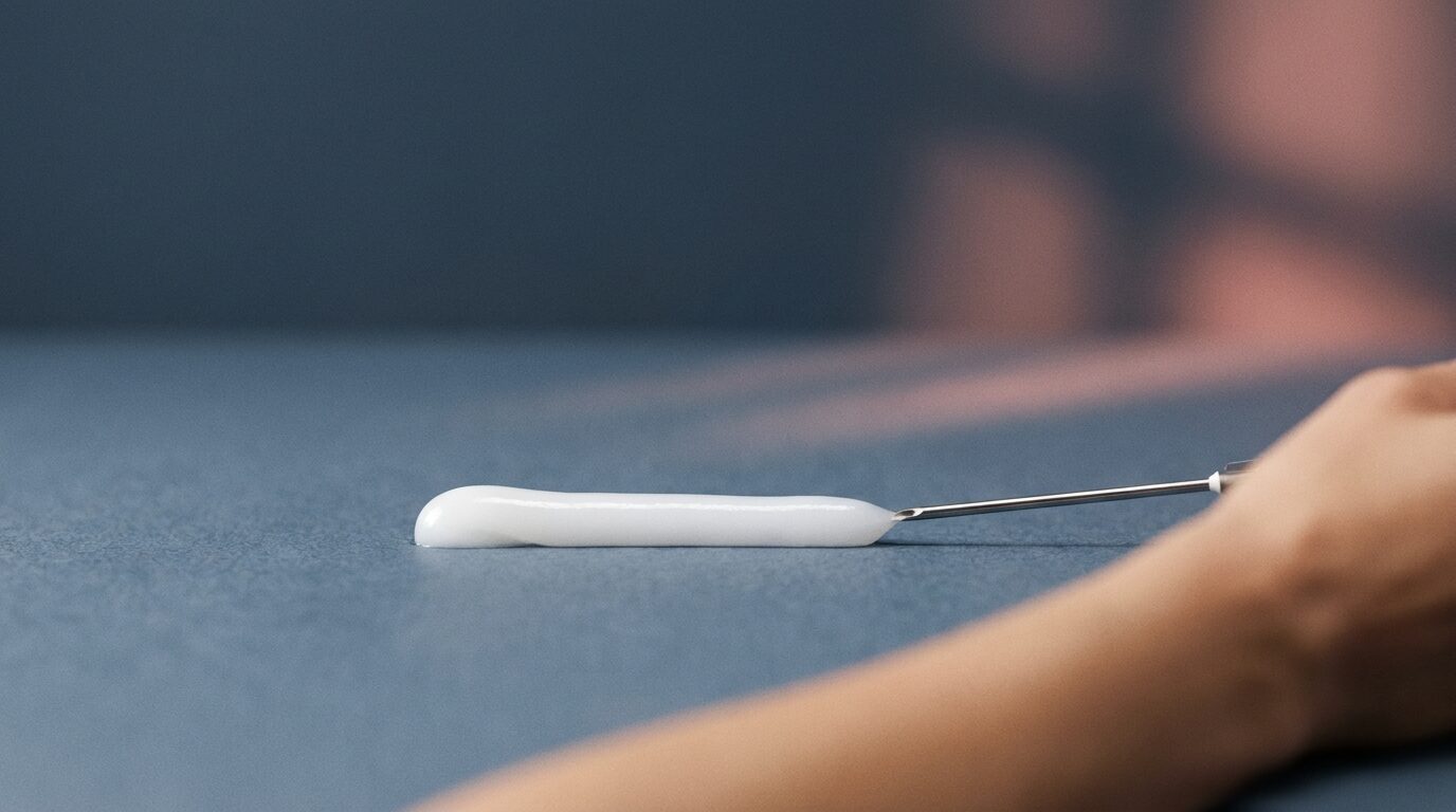 Spritze und Wirkstofffläschchen in behandschuhter Hand vor Studiohintergrund