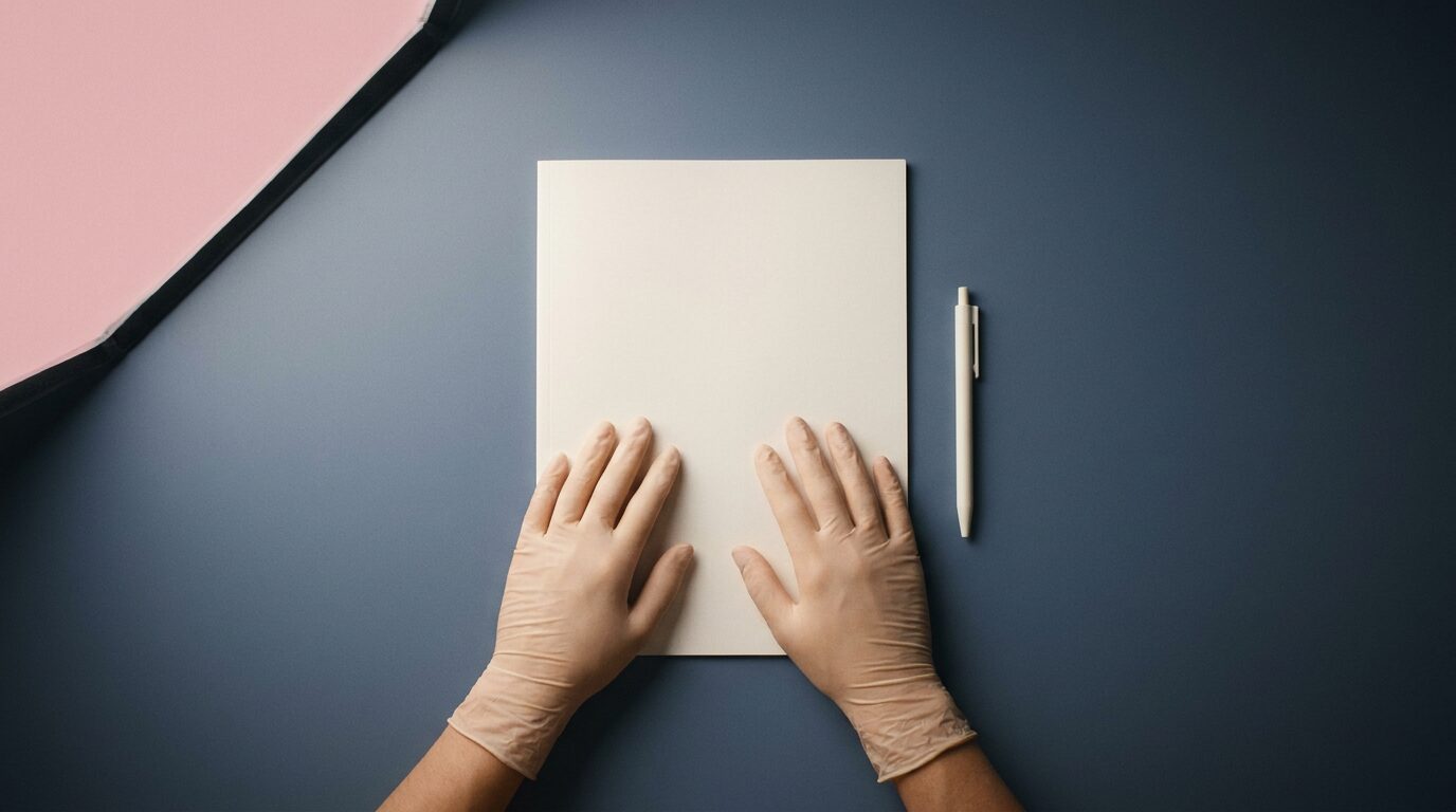 Zwei geschlossene Aktenmappen mit Stift auf schiefergrauer Fläche