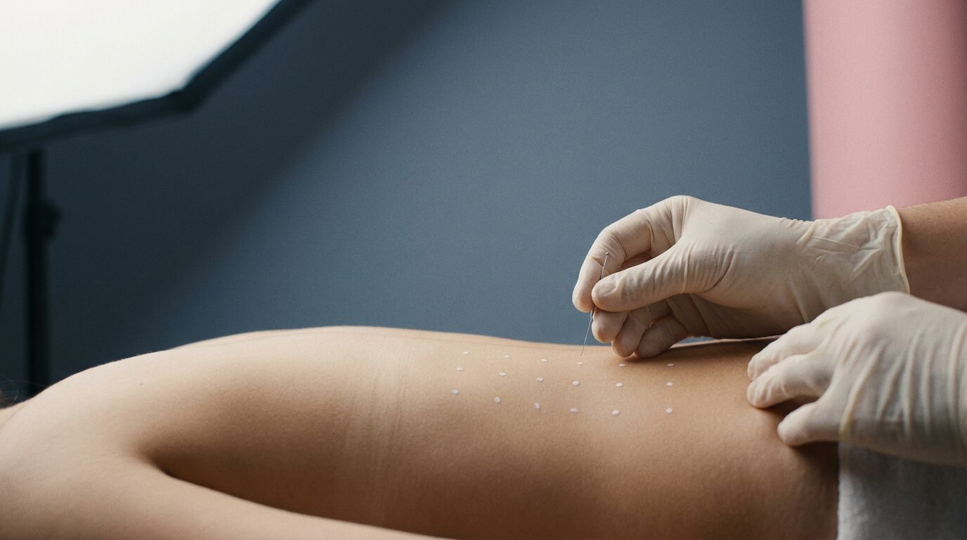 Stumpfe Kanüle wird an der Kinnlinie angesetzt, Profilaufnahme