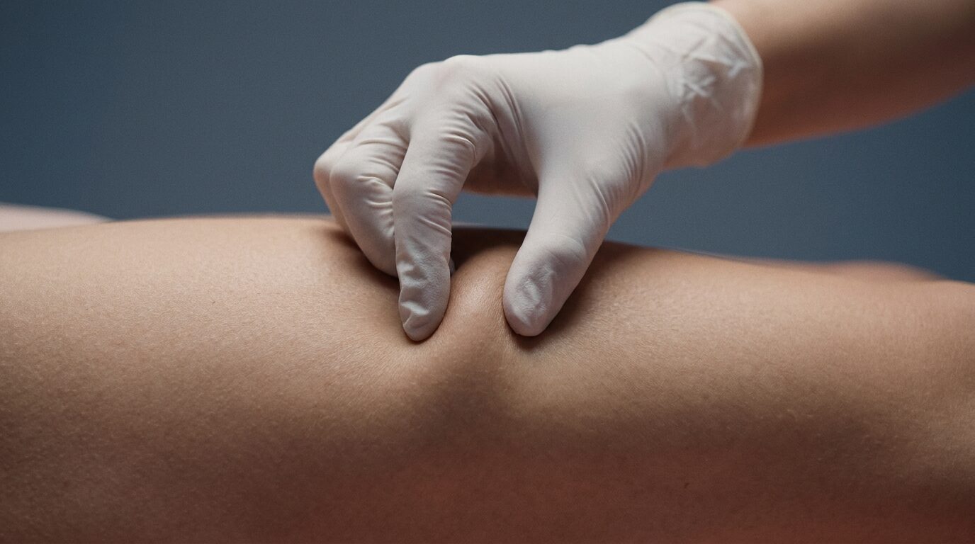 Behandlerin prüft mit behandschuhter Hand die Hautbeschaffenheit am Oberschenkel einer Patientin