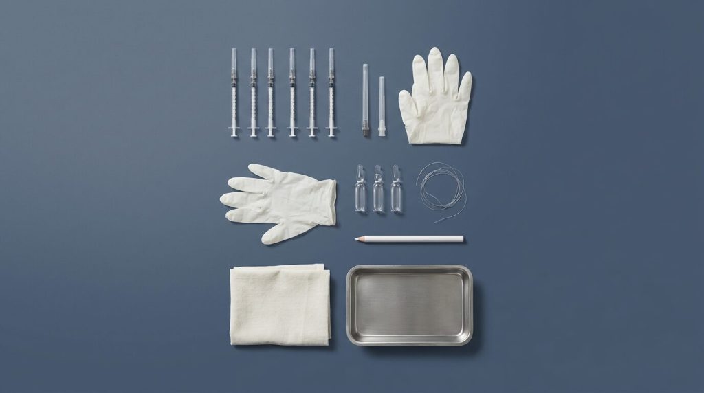 Geordnet ausgelegtes Instrumentarium der ästhetischen Medizin: Spritzen, Kanülen, Handschuhe, Ampullen, Faden, Markierstift, Kompresse und Nierenschale auf schiefergrauer Fläche